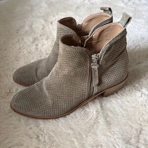 Perforated Taupe Suede Ankle Bootie with Side Zip Pull